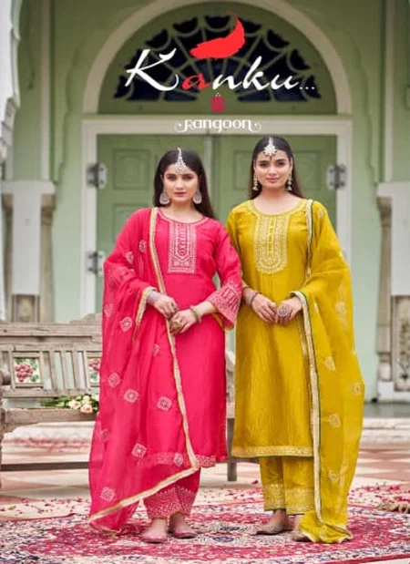 Kanku By Rangoon 10091 To 10094 Gold Crush With Fancy Work Top With Bottom Dupatta Wholesalers In Delhi